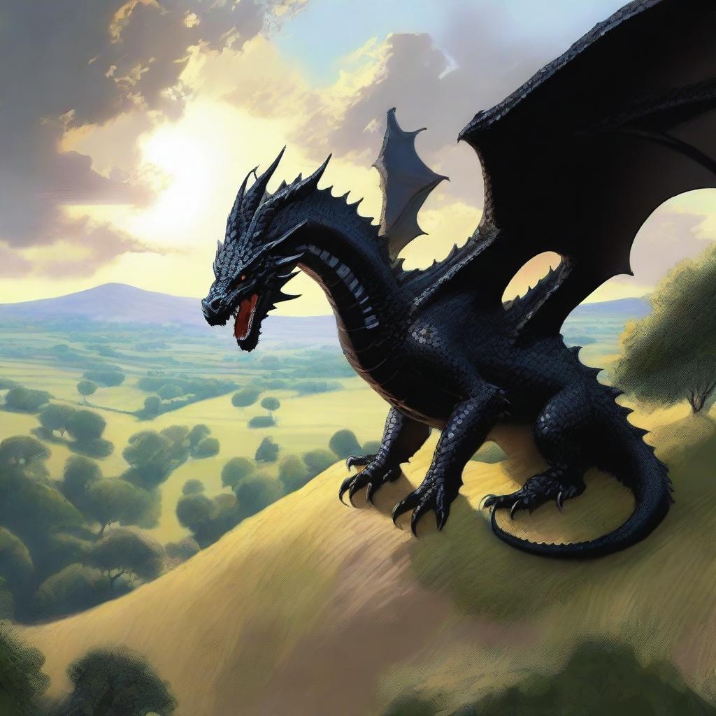 The serene countryside scene takes a dramatic turn as a massive black dragon descends from the sky, casting its formidable shadow across the pastoral tableau, its scales glinting in the sunlight