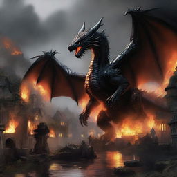 The tranquil countryside erupts into chaos as the black dragon unleashes a torrent of fiery breath towards the village