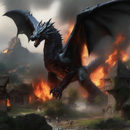 The tranquil countryside erupts into chaos as the black dragon unleashes a torrent of fiery breath towards the village