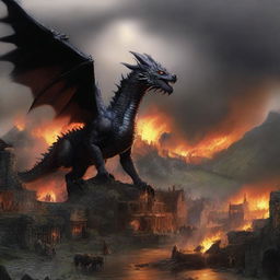 The tranquil countryside erupts into chaos as the black dragon unleashes a torrent of fiery breath towards the village