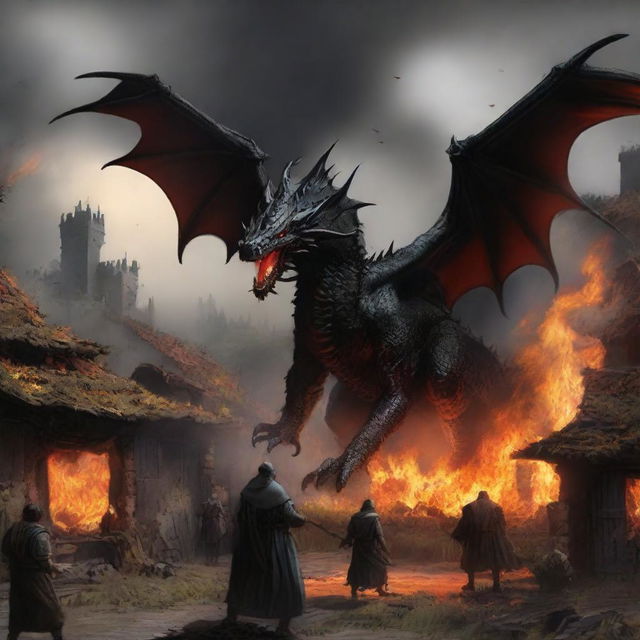 The tranquil countryside erupts into chaos as the black dragon unleashes a torrent of fiery breath towards the village