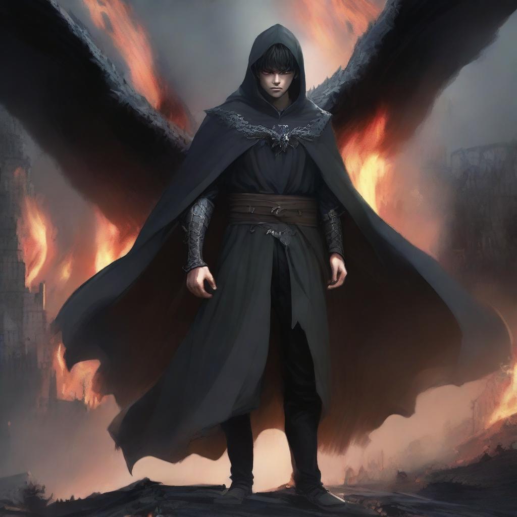 In the midst of destruction, a young man clad in a cloak emerges in the smouldering village, his determined gaze locked onto the menacing black dragon