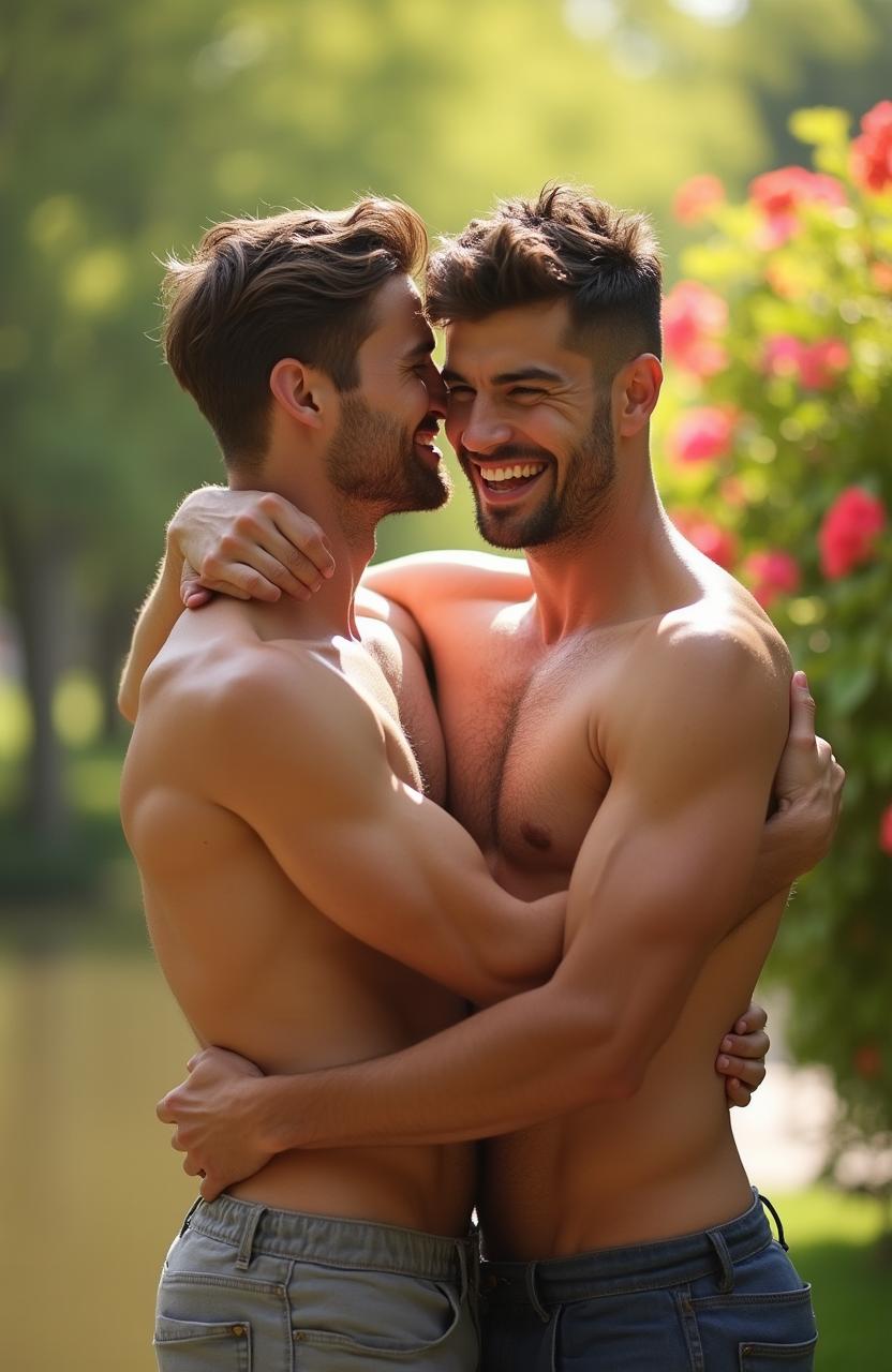 A loving gay male couple, both shirtless, embracing each other affectionately in a warm, sunlit outdoor setting