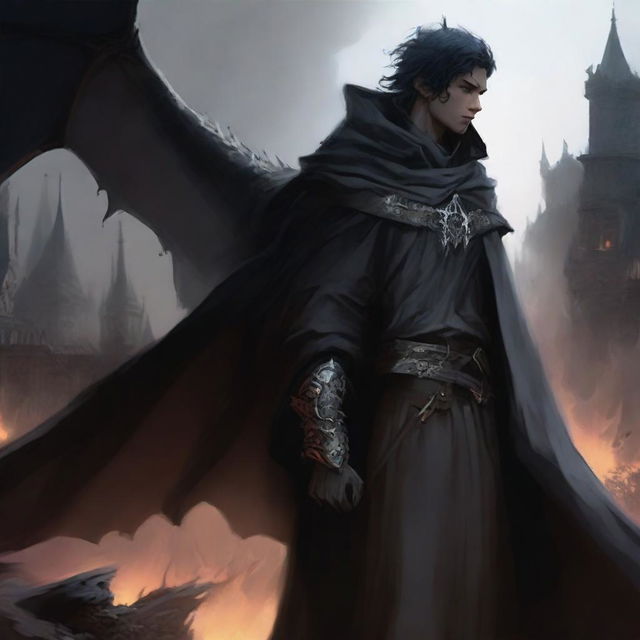 In the midst of destruction, a young man clad in a cloak emerges in the smouldering village, his determined gaze locked onto the menacing black dragon