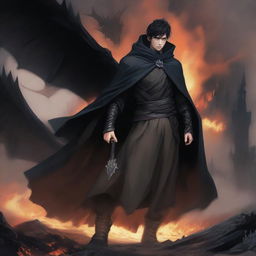 In the midst of destruction, a young man clad in a cloak emerges in the smouldering village, his determined gaze locked onto the menacing black dragon