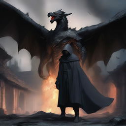 In the midst of destruction, a young man clad in a cloak emerges in the smouldering village, his determined gaze locked onto the menacing black dragon