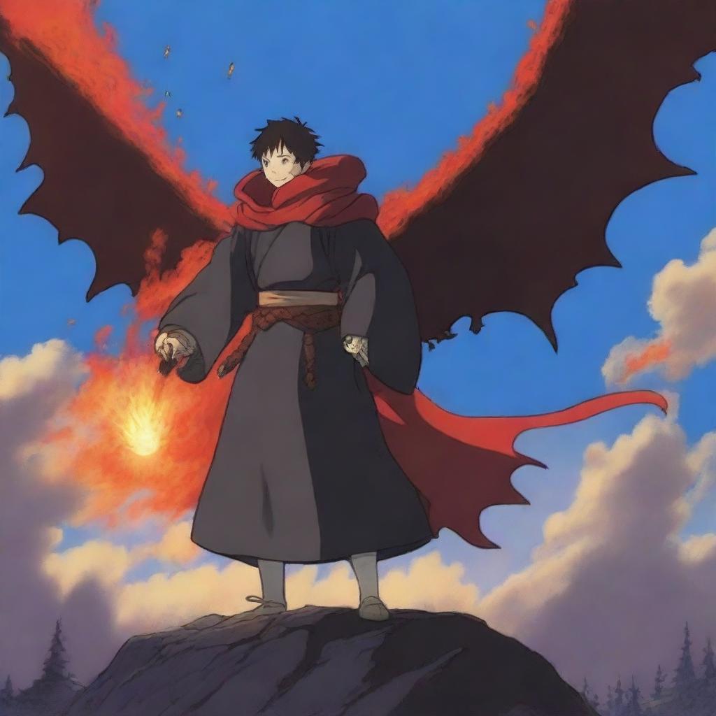 The cloaked youth takes a defensive stance, suddenly emitting a bright surge of magical fire towards the black dragon