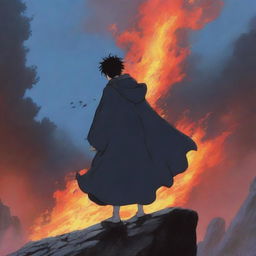 The cloaked youth takes a defensive stance, suddenly emitting a bright surge of magical fire towards the black dragon