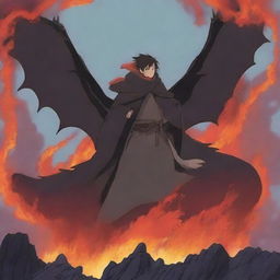 The cloaked youth takes a defensive stance, suddenly emitting a bright surge of magical fire towards the black dragon