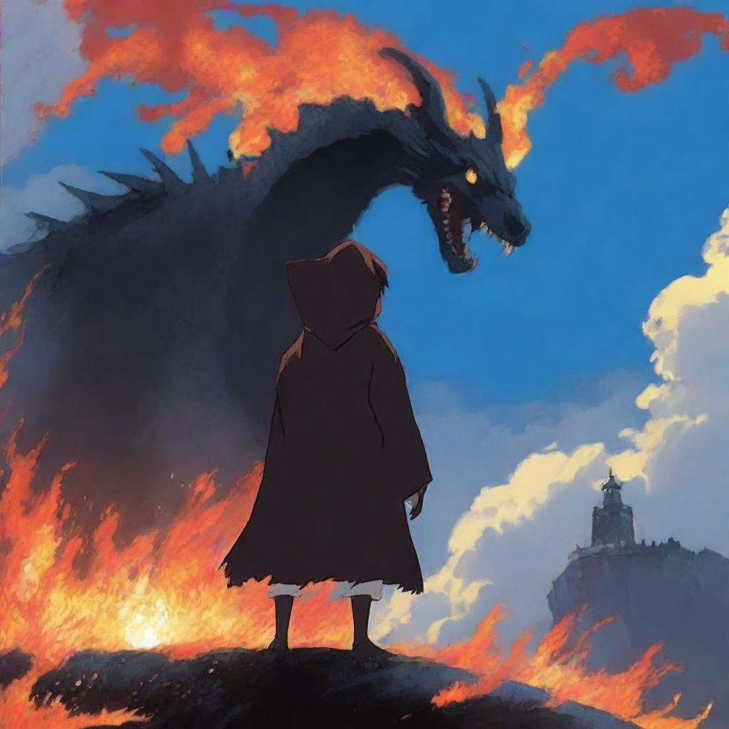 The cloaked youth takes a defensive stance, suddenly emitting a bright surge of magical fire towards the black dragon