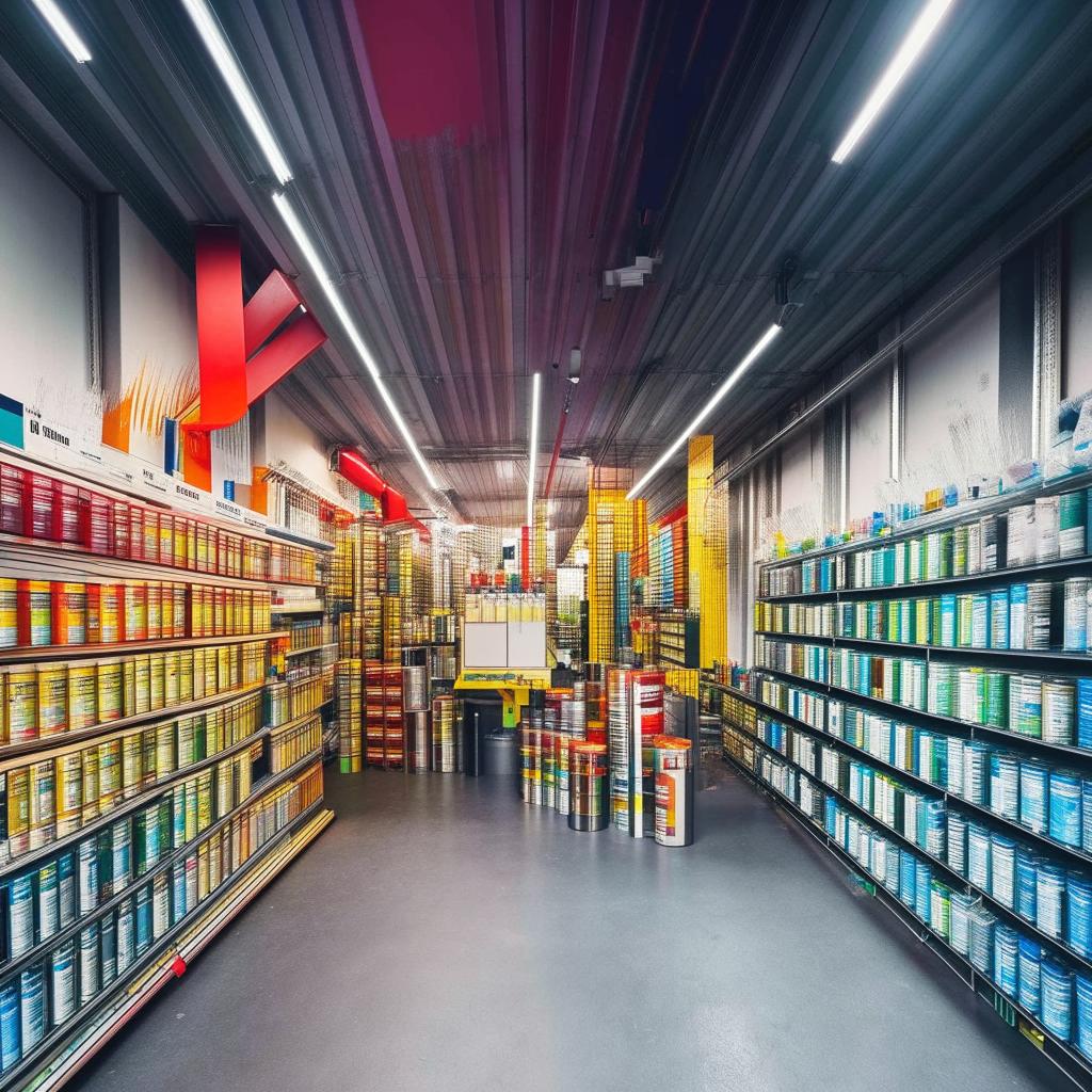 A bustling hardware paint shop filled with colorful cans of paint neatly arranged on shelves, paint brushes, rollers, and paint mixing machines. Bright light illuminates colourful swatches on the walls.