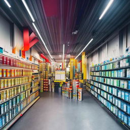 A bustling hardware paint shop filled with colorful cans of paint neatly arranged on shelves, paint brushes, rollers, and paint mixing machines. Bright light illuminates colourful swatches on the walls.