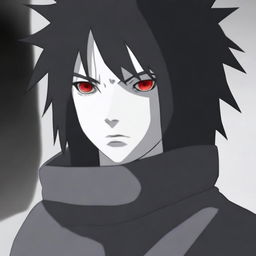 Generate an image of the character Sasuke Uchiha standing heroically, his Sharingan eyes intense and filled with determination