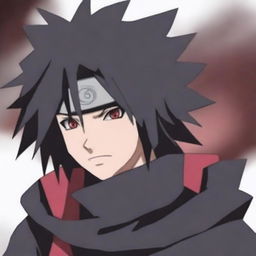 Generate an image of the character Sasuke Uchiha standing heroically, his Sharingan eyes intense and filled with determination