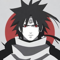 Generate an image of the character Sasuke Uchiha standing heroically, his Sharingan eyes intense and filled with determination