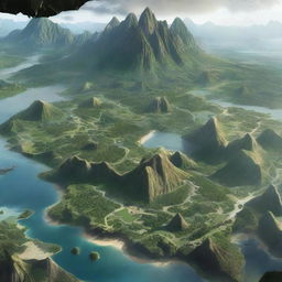 A high-detail image of Isla Nublar from Jurassic World, featuring expansive dinosaur park, jungles and mountain ranges.