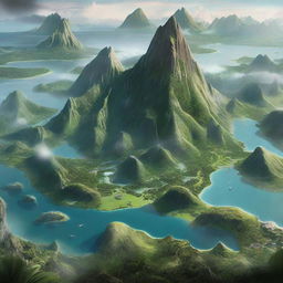 A high-detail image of Isla Nublar from Jurassic World, featuring expansive dinosaur park, jungles and mountain ranges.