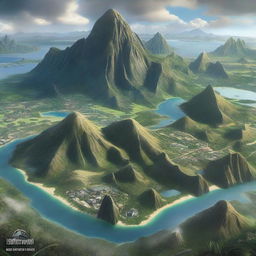 A high-detail image of Isla Nublar from Jurassic World, featuring expansive dinosaur park, jungles and mountain ranges.