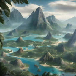 A high-detail image of Isla Nublar from Jurassic World, featuring expansive dinosaur park, jungles and mountain ranges.