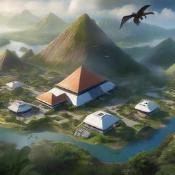 A high-detail image of Isla Nublar from Jurassic World, featuring the Innovation Center with its pyramid-shaped brown roof and white building, set amidst expansive dinosaur park, jungles and mountain ranges