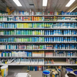 A bustling hardware paint shop filled with colorful cans of paint neatly arranged on shelves, paint brushes, rollers, and paint mixing machines. Bright light illuminates colourful swatches on the walls.