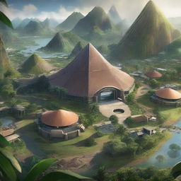 A high-detail image of Isla Nublar from Jurassic World, featuring the Innovation Center with its pyramid-shaped brown roof and white building, set amidst expansive dinosaur park, jungles and mountain ranges