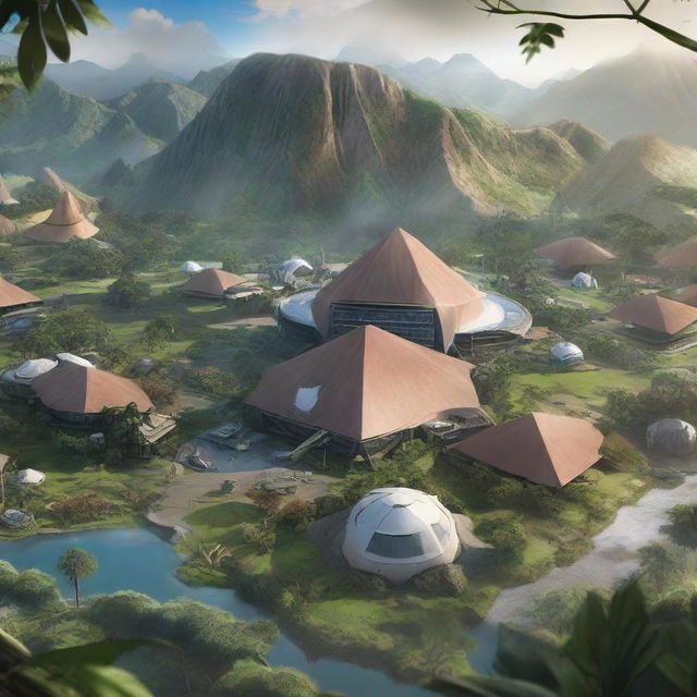 A high-detail image of Isla Nublar from Jurassic World, featuring the Innovation Center with its pyramid-shaped brown roof and white building, set amidst expansive dinosaur park, jungles and mountain ranges