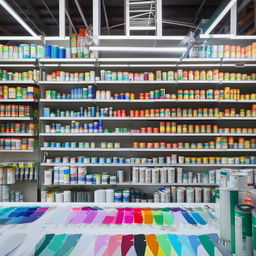 A bustling hardware paint shop filled with colorful cans of paint neatly arranged on shelves, paint brushes, rollers, and paint mixing machines. Bright light illuminates colourful swatches on the walls.