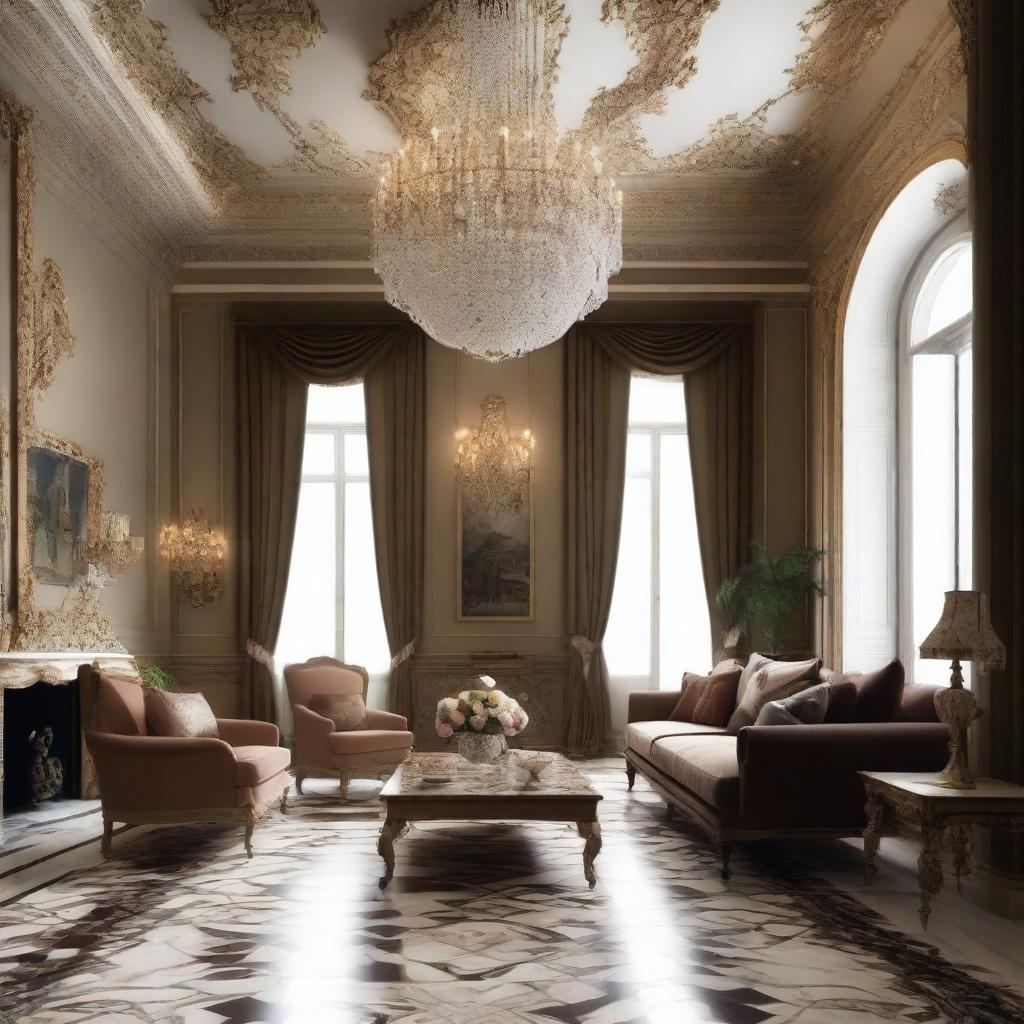 Design a luxury living room with high ceilings, sprinkled with a rich chandelier, adorned with ornate paintings, and accentuated by elegant patterned flooring