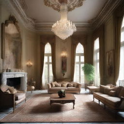 Design a luxury living room with high ceilings, sprinkled with a rich chandelier, adorned with ornate paintings, and accentuated by elegant patterned flooring