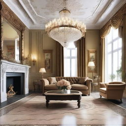 Design a luxury living room with high ceilings, sprinkled with a rich chandelier, adorned with ornate paintings, and accentuated by elegant patterned flooring