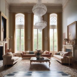 Design a luxury living room with high ceilings, sprinkled with a rich chandelier, adorned with ornate paintings, and accentuated by elegant patterned flooring