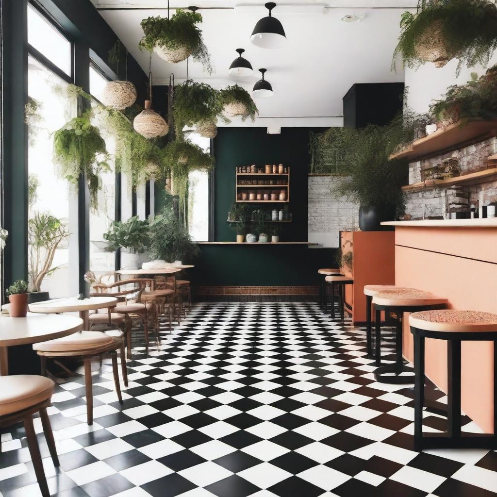 Design a Bohemian cafe bursting with vibrant and attractive space, sprinkled with fresh green plants, and complemented by aesthetic black and white patterned floors