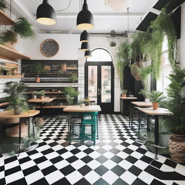 Design a Bohemian cafe bursting with vibrant and attractive space, sprinkled with fresh green plants, and complemented by aesthetic black and white patterned floors