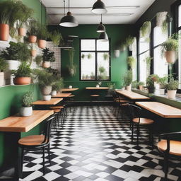 Design a Bohemian cafe bursting with vibrant and attractive space, sprinkled with fresh green plants, and complemented by aesthetic black and white patterned floors