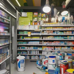 A bustling hardware paint shop filled with colorful cans of paint neatly arranged on shelves, paint brushes, rollers, and paint mixing machines. Bright light illuminates colourful swatches on the walls.