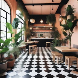 Design a Bohemian cafe bursting with vibrant and attractive space, sprinkled with fresh green plants, and complemented by aesthetic black and white patterned floors