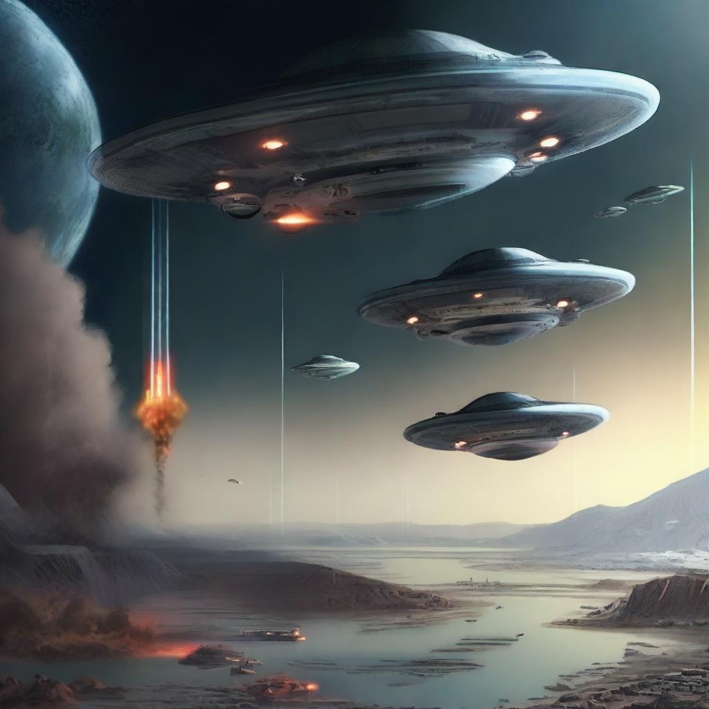 Illustrate a realistic fleet of UFOs navigating space, traveling towards an earth embroiled in the chaos of a nuclear World War 3