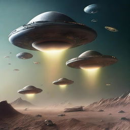 Illustrate a realistic fleet of UFOs navigating space, traveling towards an earth embroiled in the chaos of a nuclear World War 3