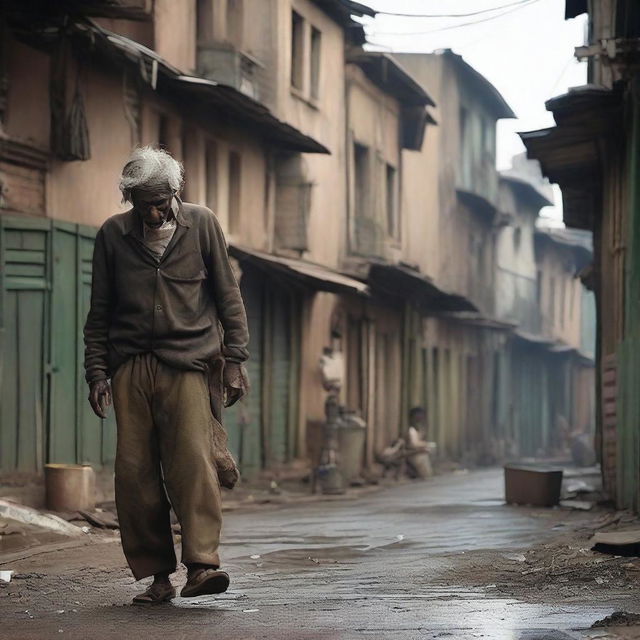 Create an image portraying a world characterized by poverty: weathered buildings, crowded streets, and people in worn out clothes, capturing a resilience in their expressions