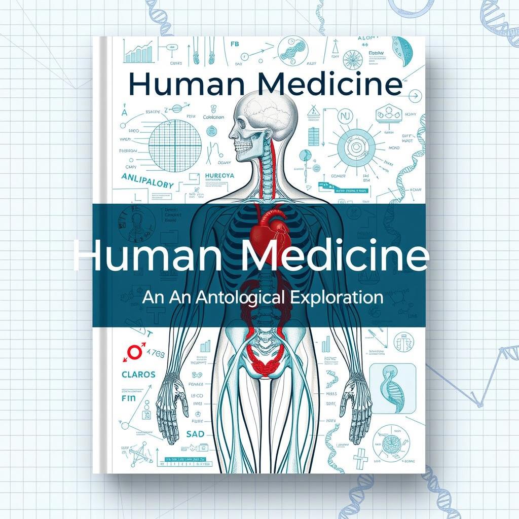 A book cover design for 'Human Medicine: An Antological Exploration', featuring a detailed illustration of the human anatomy