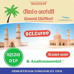 Generate an image of a Travel Hub travel agency advertisement, promoting a discounted trip from Lahore, Pakistan to Muscat, Oman