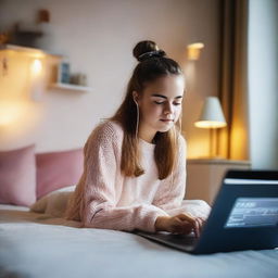 A young girl engaging in online stock trading in her cozy bedroom, surrounded by a pleasant mix of high-tech gadgets and soft furnishings