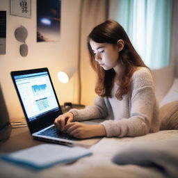 A young girl engaging in online stock trading in her cozy bedroom, surrounded by a pleasant mix of high-tech gadgets and soft furnishings