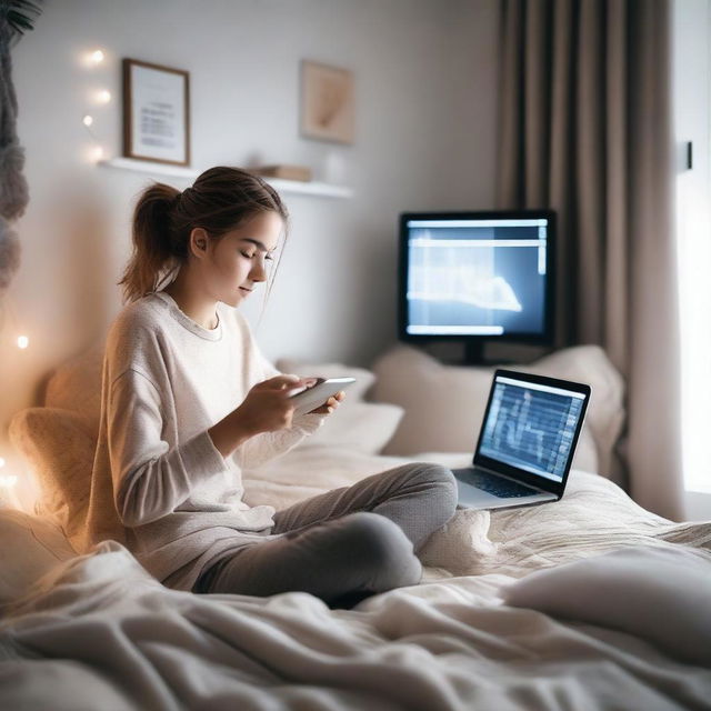 A young girl engaging in online stock trading in her cozy bedroom, surrounded by a pleasant mix of high-tech gadgets and soft furnishings