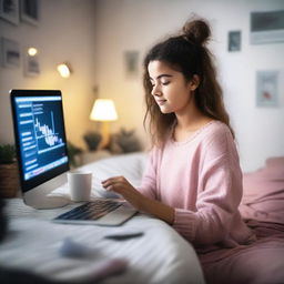 A young girl engaging in online stock trading in her cozy bedroom, surrounded by a pleasant mix of high-tech gadgets and soft furnishings