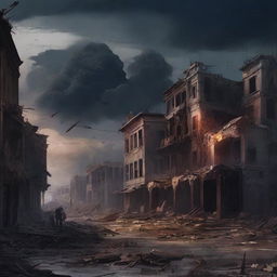 Illustration of an apocalyptic scene, featuring a dark, tumultuous sky, crumbling buildings, and chaotic elements of nature.