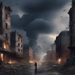 Illustration of an apocalyptic scene, featuring a dark, tumultuous sky, crumbling buildings, and chaotic elements of nature.