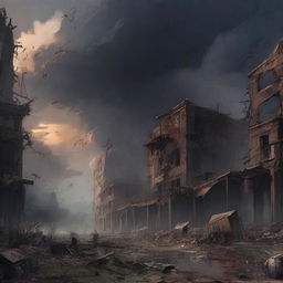 Illustration of an apocalyptic scene, featuring a dark, tumultuous sky, crumbling buildings, and chaotic elements of nature.