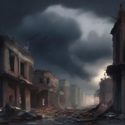 Illustration of an apocalyptic scene, featuring a dark, tumultuous sky, crumbling buildings, and chaotic elements of nature.